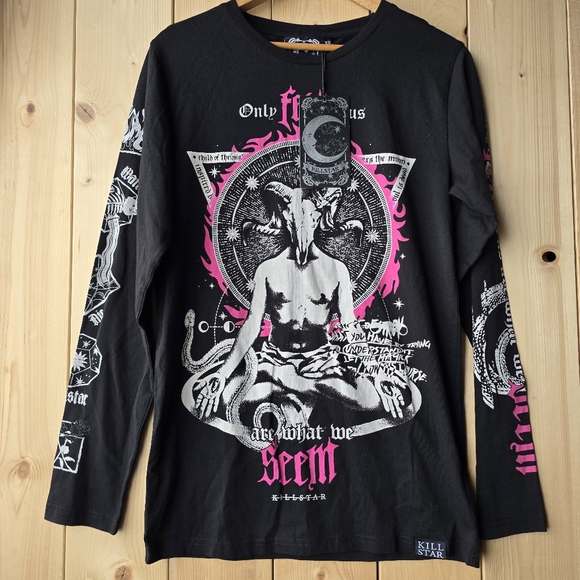 Killstar Tops - Killstar Meditate Pentagram Baphomet Gothic Punk Longline Unisex Top Size XS
